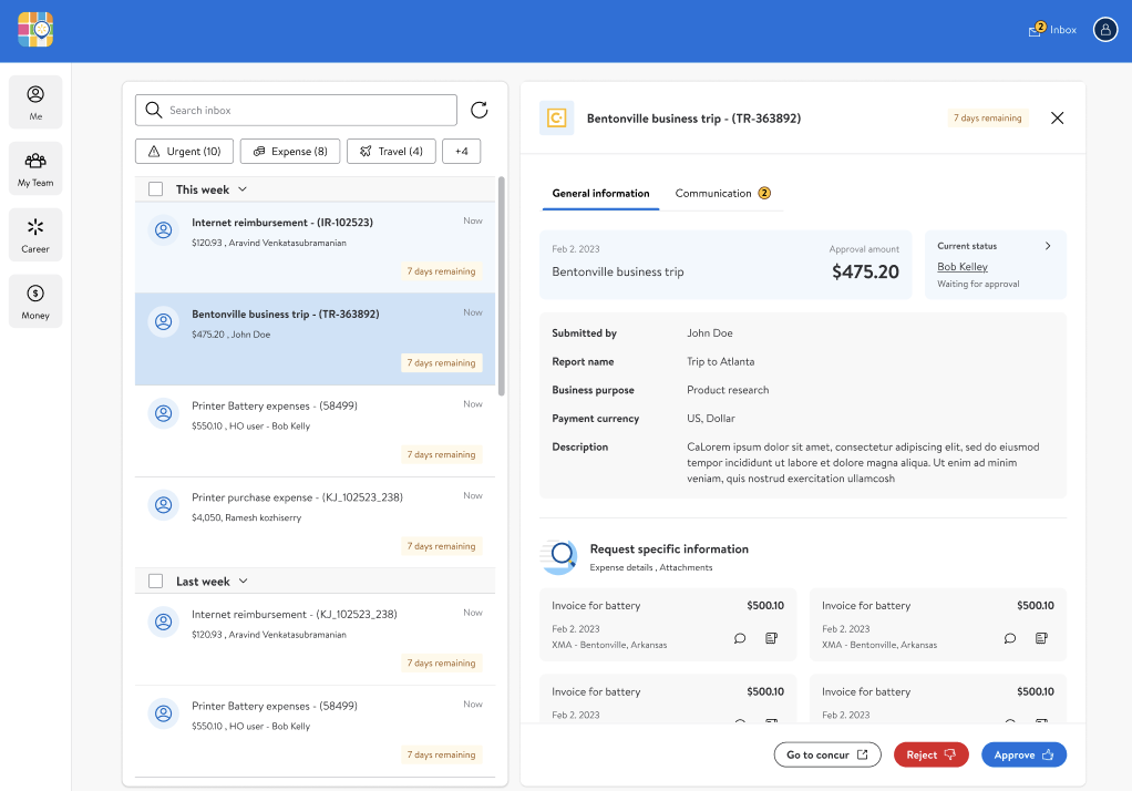 ME@Inbox In-App Approval Experience - unified approval list with detail view and action buttons